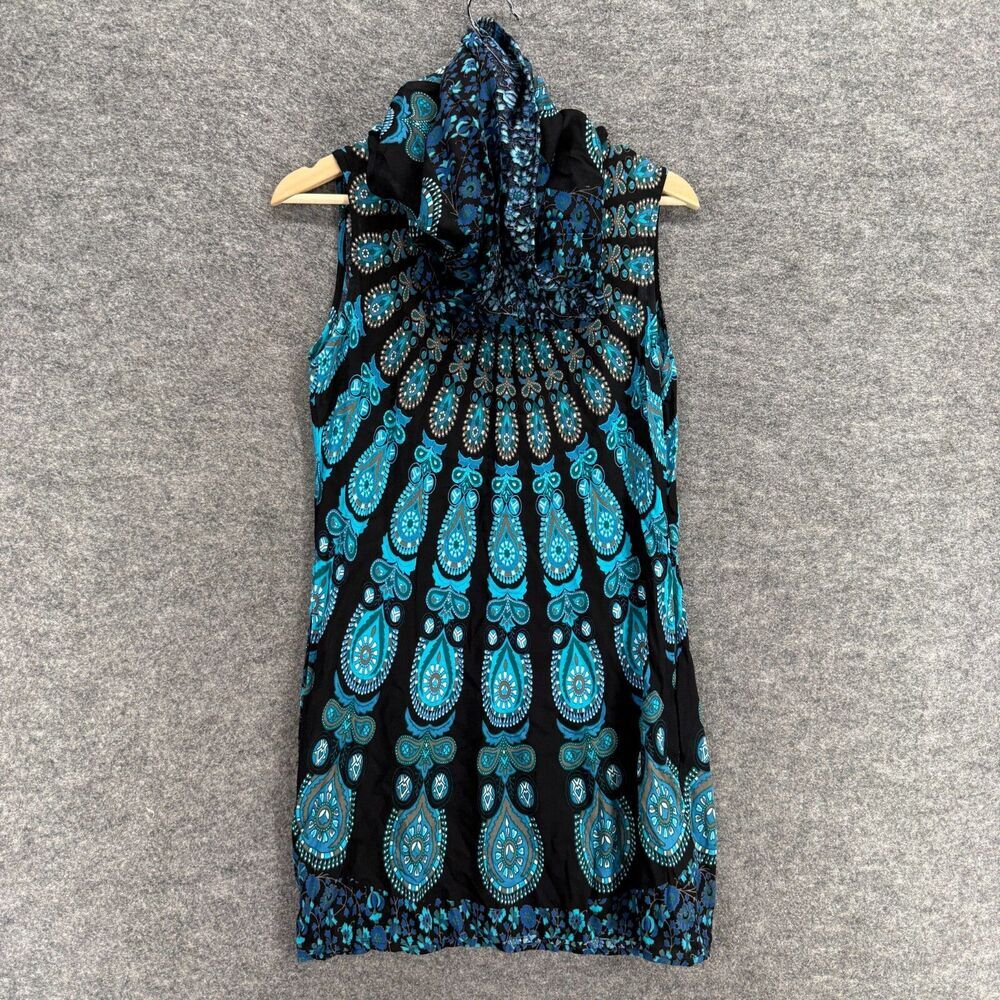 Earth Bound Dress Women S Small Blue Geometric Shift Midi Cowl Neck Sleeveless